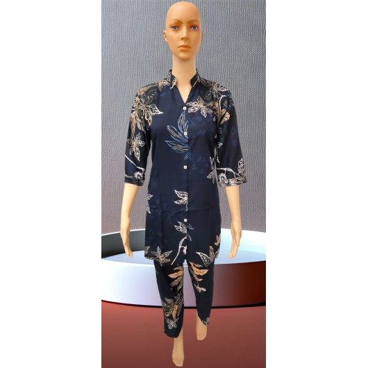 Dark Blue Leaf Print Night Suit