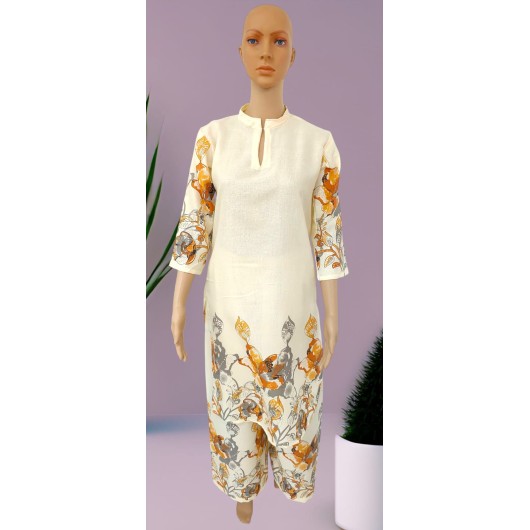 Elegant Beige/Cream Floral Border Loungewear Set