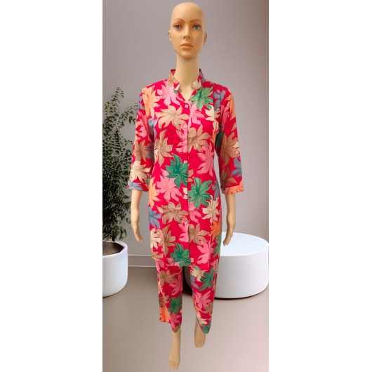 Vibrant Red Tropical Leaf Print Pyjama Set